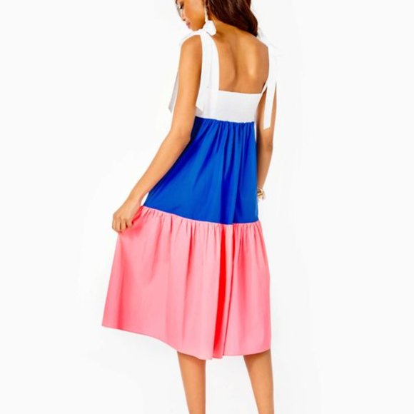 Lilly Pulitzer Anlee Midi Dress Blue Lillys Coral Colorblock - Picture 4 of 13